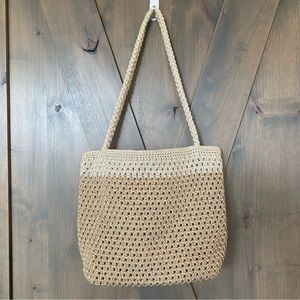 THE SAK Shoulder Bag Crocheted Tan Cream Double Braided Handles Magnetic Snap